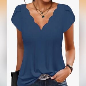 Women's Basic Scalloped Hem V Neck Short Sleeve Top Size 3XL Capsule Wardrobe
